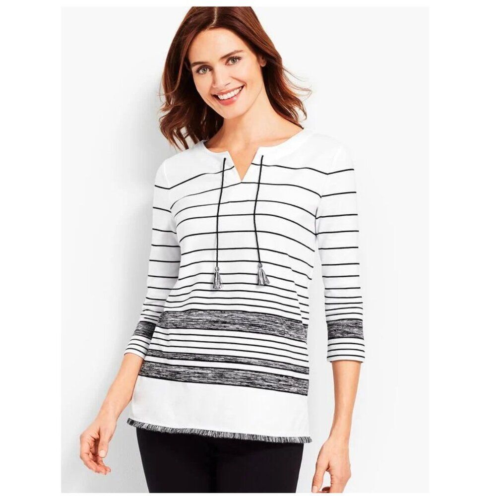 T By Talbots Tunic Top Size MP Top Stripe Tassel Striped Boho LIKE NEW
